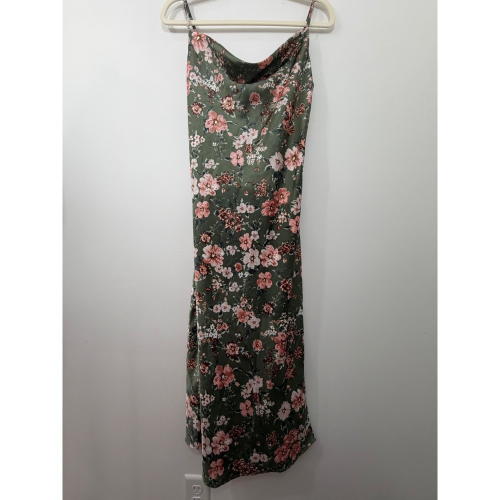 Inspired Hearts Sage Green Floral Cowl Neck Midi Slip Dress Side Slit Size M